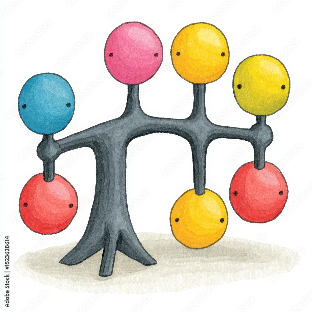 Poster whimsical illustration of a dark gray abstract tree like structure supporting colorful spheres with 