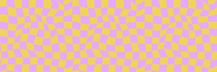 Vector groovy checkered seamless patern. Retro cute digital paper. Distorted grid surface design illustration. Magic optical illusion repeat backdrop. Simple colorful flat design fabric textile banner