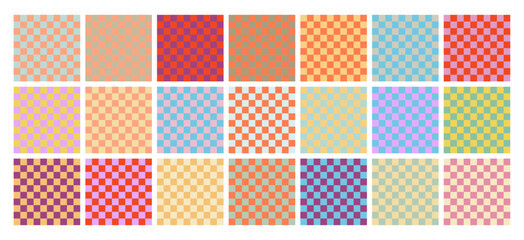 Retro groovy grid seamless patterns. Vector set of colorful retro trippy backgrounds. Simple geometric psychedelic bg. Groovy chess texture print. Abstract Y2k style digital paper pack