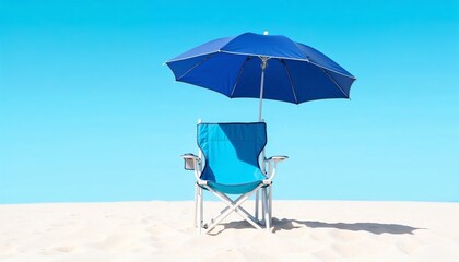 Folding chair under blue umbrella on sandy beach with clear sky  