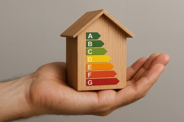 Man's hand holding a small wooden house model with energy efficiency rating scale, concept for real estate, energy saving, sustainable living, and home improvement
