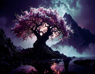 Fantasy mountain landscape with cherry blossoms in full bloom along with clouds and moon at night.