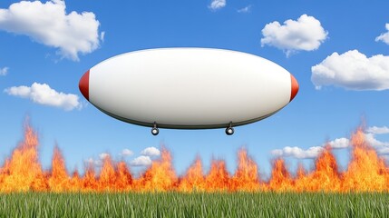 Naklejka premium A digital composite shows a large white airship with red tips floats in a blue sky over a green field with orange flames, creating a surreal and