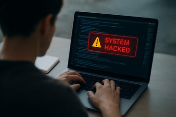 Person's hands typing on laptop displaying a system hacked warning, concept for cybersecurity, data breach, and computer virus protection