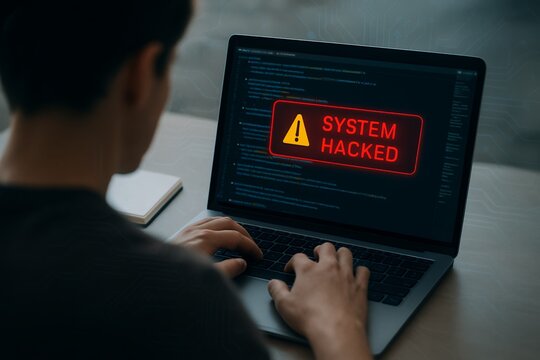 Person's hands typing on laptop displaying a system hacked warning, concept for cybersecurity, data breach, and computer virus protection