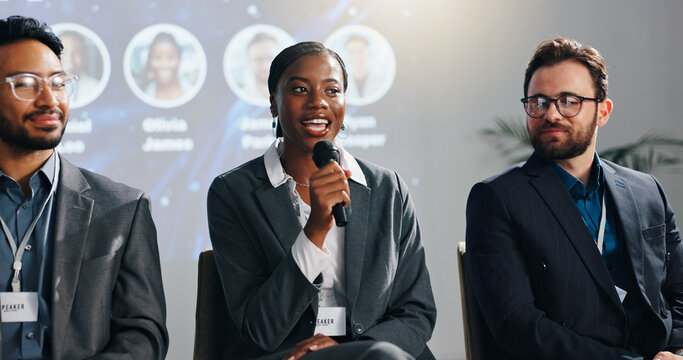 Summit, speaker and woman with mic, discussion and proud for speech in meeting and training session. Seminar, public speaking and guest with motivation for business people, confident and presentation