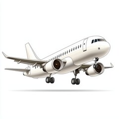 Fototapeta premium White passenger airplane in flight, isolated on white background. Detailed view of the plane's body, engines, and landing gear. 