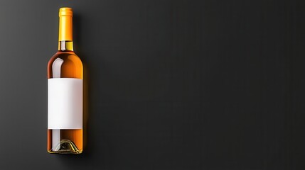 Overhead view of a bottle of white wine with a blank label on a dark gray background. Plenty of copy space