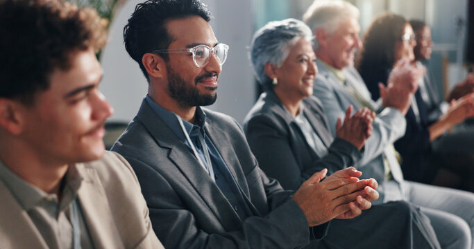 Convention audience, business people and clapping for celebration, award and milestone. Conference, happy group and applause for excellence, success and support for achievement with congratulations