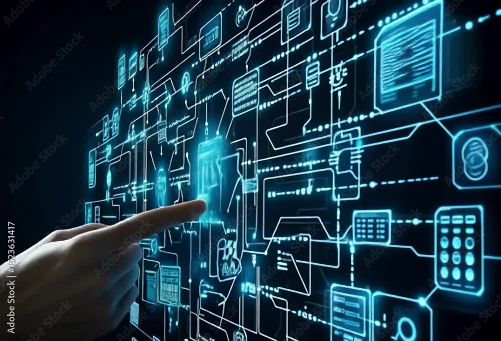 Poster a hand interacts with a futuristic, glowing digital interface showing interconnected data streams an