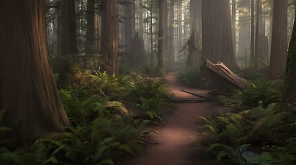 Obraz premium Misty redwood forest trail sunlight filtering through
