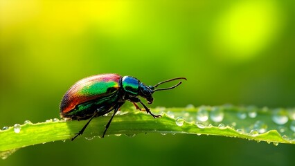 Fototapeta premium Shiny Beetle Sitting on a Dewy Leaf