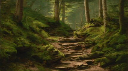 Obraz premium Forest path with lush mossy slopes