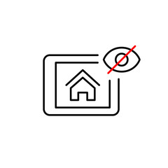 Vector icon of home displayed on tablet with crossed-out eye, symbolizing private residence, hidden smart home controls, or invisible monitoring. Ideal for smart home apps, privacy settings, and real 