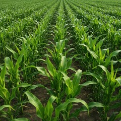 Obraz premium Lush Green Rows of Corn Plants Growing in Fertile Agricultural Field