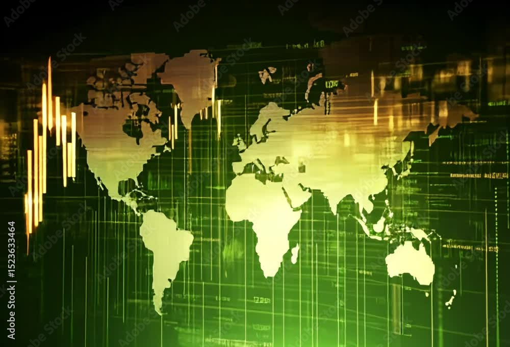 Poster global financial market data visualized on a world map with candlestick charts, depicting dynamic ec
