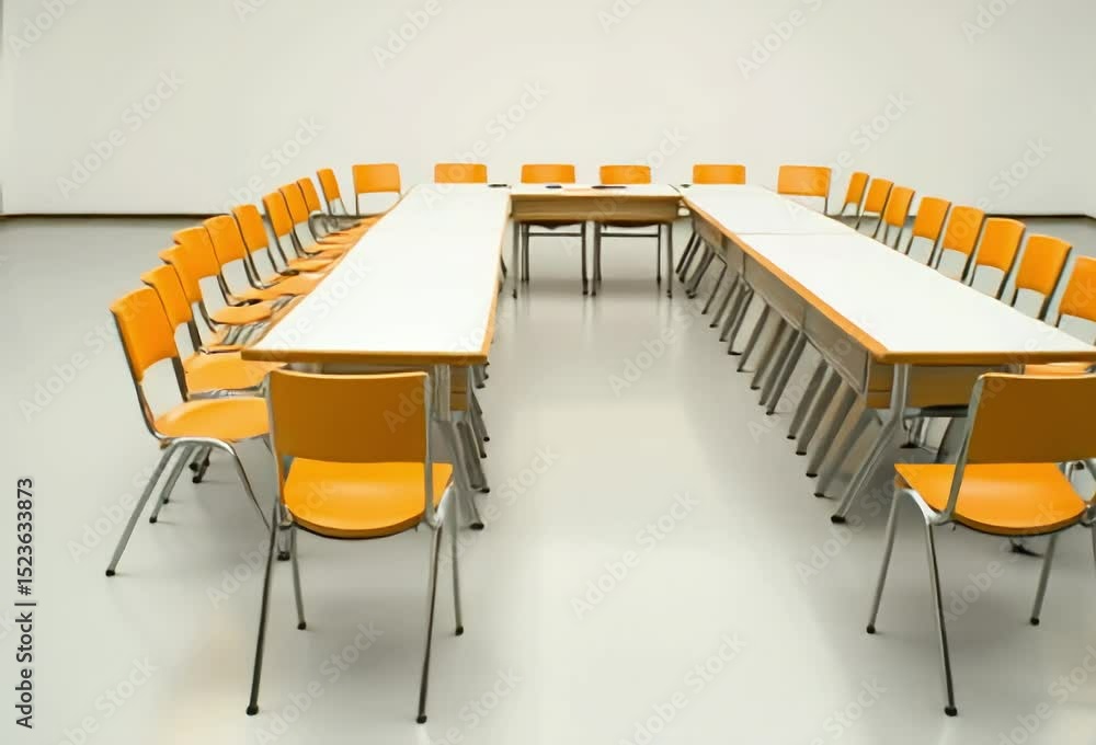 Poster empty conference room with orange chairs arranged around two long tables in a u-shape