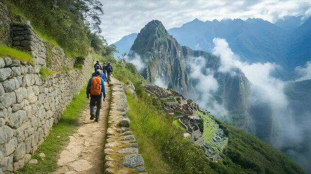 Hikers explore the Incan ruins at Machu Picchu under a cloudy sky surrounded by breathtaking mountains