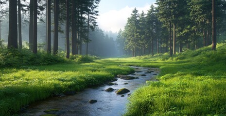 Obraz premium Tranquil stream in lush green meadow surrounded by tall pine trees