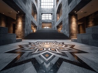 Grand Staircase Hall with Symmetric Star Parquet Floor and Monumental Stone Columns