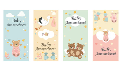 Cute Baby Announcement Vertical Vector Set - Teddy Bear & Stork Story Graphics