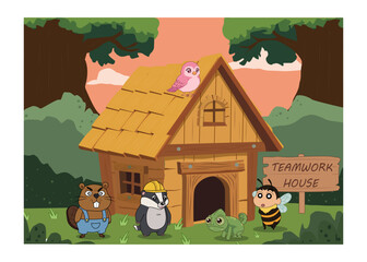 Cute Cartoon Animals Teamwork House in Forest - Vector Illustration