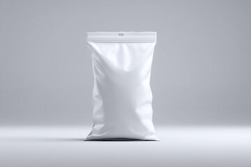 Glossy White Stand Up Pouch with Zip Lock on Light Gray Background Ideal for Mockups and Packaging Design Applications
