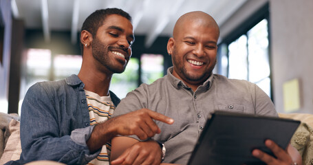 House, gay couple or men with tablet, love or smile for renovation blog research in living room....