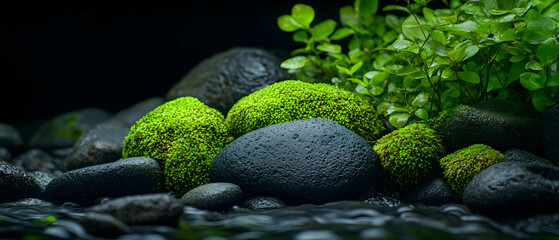 Green Moss On Dark Rocks With Water Flow