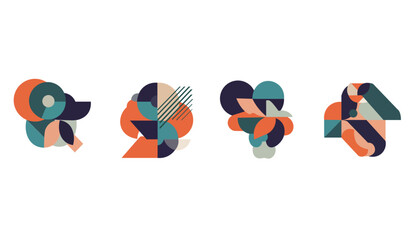Teal and Orange Abstract Geometric Design Vector Set - Bauhaus Style