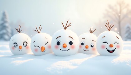 Obraz premium Charming Snowmen Cartoon Characters Smiling in Winter Wonderland Scene