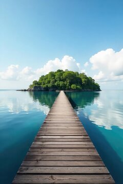 A tranquil scene of a dock extending towards a serene island, surrounded by calm water reflecting the sky Perfect for travel, relaxation, and nature themes , landscape, peaceful