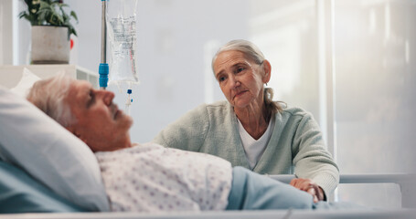 Hospital bed, healthcare and woman with husband for support, comfort or empathy with visit. Love,...