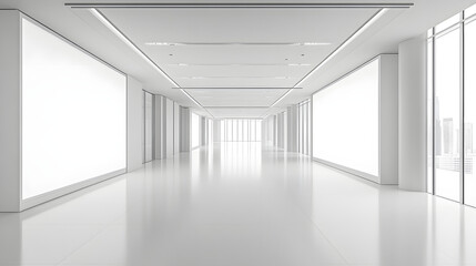 Modern Architecture Minimalist Digital Art Display in an Empty Gallery with Wide Angle Perspective