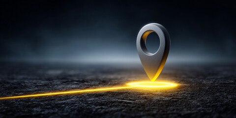 Glowing Metallic Location Pin On Dark Surface