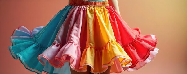 A whimsical, brightly colored skirt with a playful design, playfully ruffles and swirling fabric Perfect for a fun, quirky fashion shoot or blog post , print, style, dynamic
