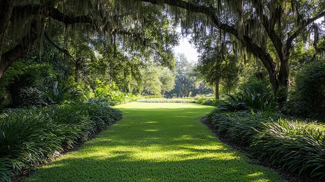 Scenic southern garden path with lush greenery and moss-draped trees in summertime