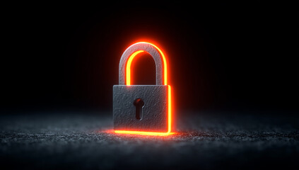 Glowing Orange Padlock On Dark Background