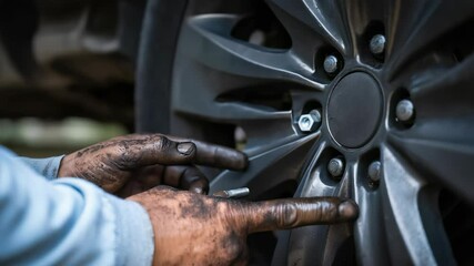 Car maintenance tips for changing tires and checking wheel bolts in automotive repair workshop