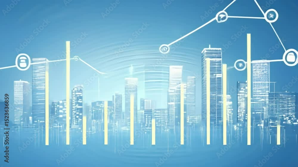 Poster cityscape with superimposed data streams visualizing urban progress and technological integration