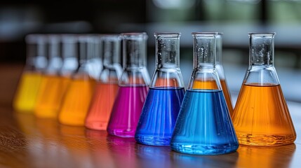 Colorful liquids in lab flasks. (1)