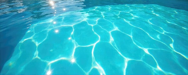 Crystal-clear turquoise water in a pristine summer swimming pool, sun reflecting on the surface, inviting and refreshing Perfect for summer vacation imagery , luxury, vibrant, reflection