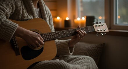 Persona tocando guitarra acústica en ambiente acogedor con velas encendidas junto a la ventana, escena de calma y relajación hogareña