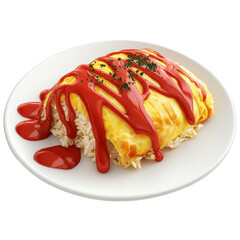 Realistic Omurice Wrapped in Egg with Ketchup Drizzle