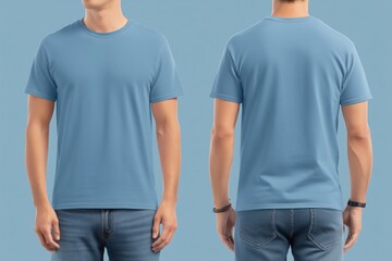 A plain blue t-shirt mockup from the front and back on a model against a light blue background. The shirt has a casual style, suitable for everyday wear.