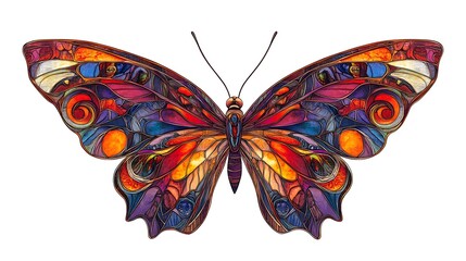 Vibrant butterfly with detailed stained glass design.