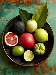 a still life photograph shows a dark round bowl on a surface with teal and rusty brown coloring.  the bowl contains several fruits and leaves
