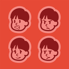 Cute cartoon boy faces showing different emotions – happy, sad, surprised, and cheerful. Perfect for educational, sticker, or UX illustration