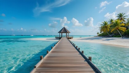 Fototapeta premium Idyllic tropical beach with wooden pier and turquoise water