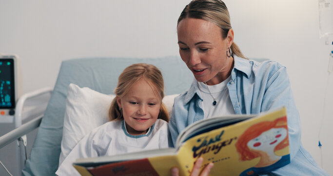 Mom, girl and reading book in bed, hospital or happy with storytelling for recovery, care or love. Mother, child and smile with bonding, support and healing with rehabilitation for illness at clinic
